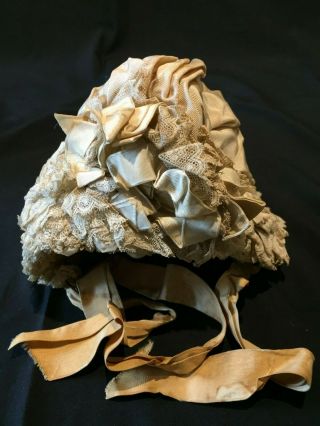 Charming 19th Century Silk Lace Trimmed Baby Christening Bonnet