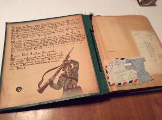 WW2 PHOTO ALBUM/SCRAPBOOK.  MARINES,  DRAWINGS,  PHOTOS,  VARGAS,  CLIPPINGS.  LETTERS 2