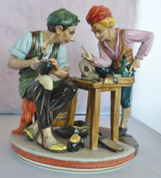 Large Vintage Dresden Porcelain Figurine,  Shoe Cobbler W/ Customer,  10 " H X 9 " W