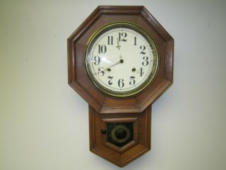 Vintage Waterbury 8 Day Octagonal School House Pendulum Wall Clock Runs Well
