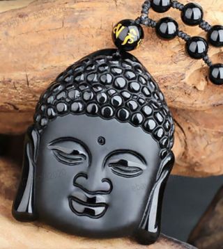 Chinese Natural Obsidian Carved Buddha Head Lucky Amulet Pendants Necklace