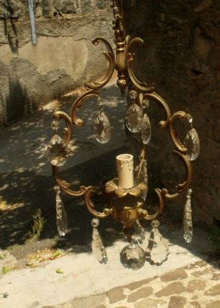 Vintage French Bronze Chandelier Crystal Droplets.