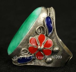 Old Handwork Natural Green Jade Tibet Silver Enamel Flower Adjust Ring a02 4