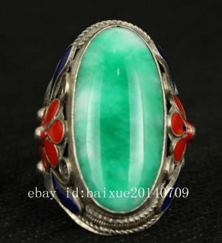 Old Handwork Natural Green Jade Tibet Silver Enamel Flower Adjust Ring a02 5