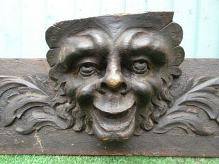 18thc Gothic Wooden Oak Carved Panel With Grotesque Head Carving C1780s