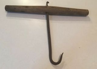Antique Cast Iron Ice Hay Bale Hook Wood Large Handle Primitive Barn Tool
