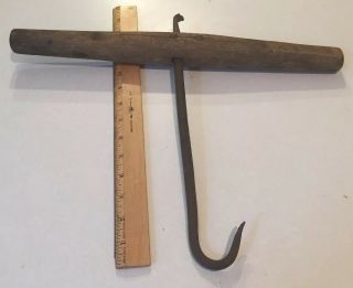 Antique Cast Iron Ice Hay Bale Hook Wood Large Handle Primitive Barn Tool 2