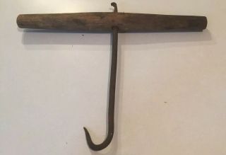 Antique Cast Iron Ice Hay Bale Hook Wood Large Handle Primitive Barn Tool 4
