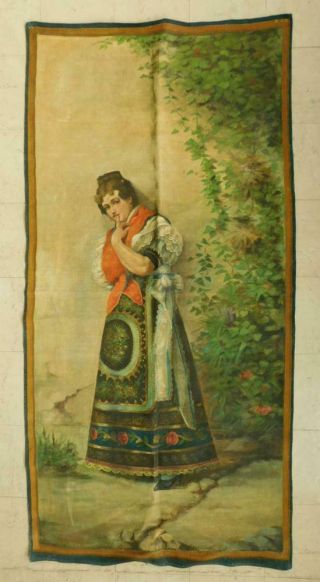 Hand Painted Tapestry Wall Hanging Spanish Lady 1890s Painting