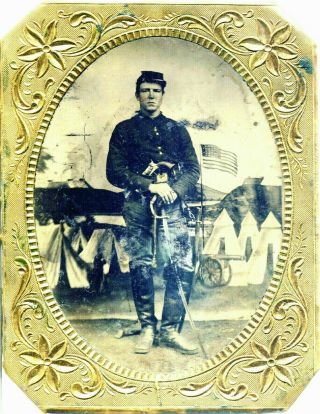 Civil War Fine Tintype Union Cavalryman With Pistol & Sword And Camp Background