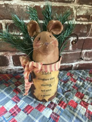 Primitive Folk Art Handmade Christmas Mouse Doll In A Rusty Can