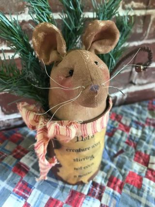 Primitive Folk Art Handmade Christmas Mouse Doll in a rusty can 2