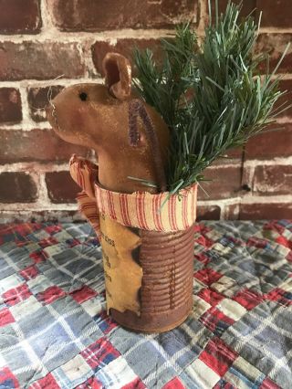 Primitive Folk Art Handmade Christmas Mouse Doll in a rusty can 4