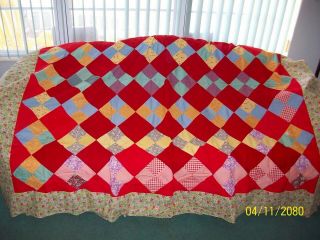 Vintage Large Colorful Feed Sack Diamond Design Quilt Top 80 " X 94 " Inches