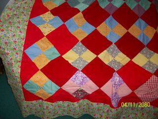 Vintage Large Colorful Feed Sack Diamond Design Quilt Top 80 