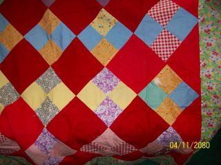 Vintage Large Colorful Feed Sack Diamond Design Quilt Top 80 