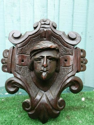 19thc Black Forest Wooden Mahogany Carved Corbel Of Males Head C1880s