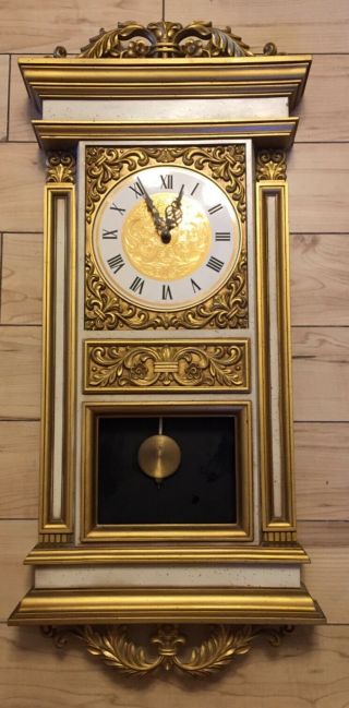 Mcmxlix Syroco Large Vintage Clock Made In Usa Gold Pendulum 14” Wide 32”tall