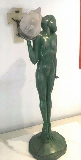 Large Green Metal Art Deco Lamp Flame Shade Lady Figural