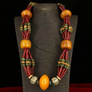 Tibet Beeswax Turquoise Red Coral Shell Tibetan Pray Bead Necklace Amulet Ad02a