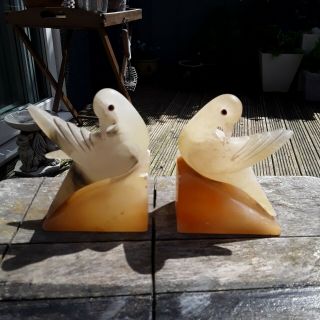 Antique Art Deco Bookends Love Doves With Glass Eyes