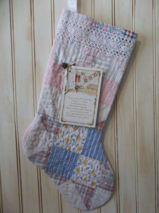 Christmas In July - Prim Handmade Antique Cutter Quilt Stocking With Postcard