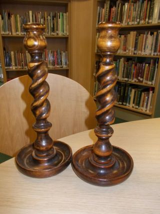 Arts And Crafts Movement Wooden Barley Twist Candle Stick Holders