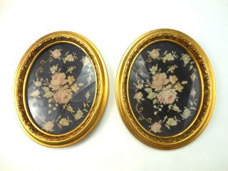 Pair Antique Framed Petit Point Needlepoint In Matching Gold Gilded Gesso Frames