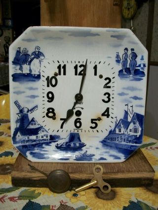 Vintage Old German 8 - Day Blue Deflt Wall Clock Germany