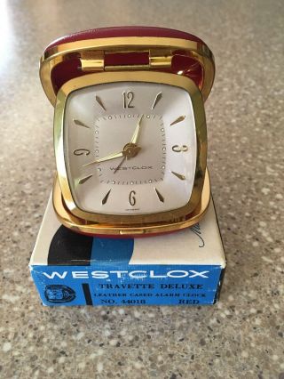 Vintage Westclox Travette Deluxe Red Leather Alarm Clock 44018 Made In Germany