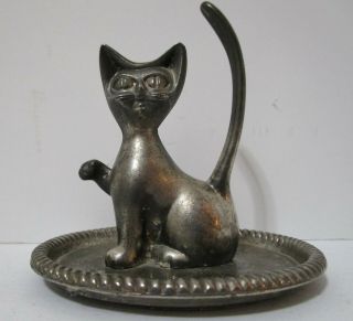 Funky Vintage Mid Century Modern Metal Cat Ring Holder Sculpture Silver Plate