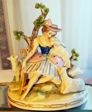 Antique German Porcelain Figurine Group - Bo Peep & Lambs - Dresdon