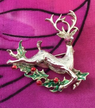 Vintage Antique Gold Enamel Reindeer Christmas Xmas Brooch Pin Estate Find Vtg