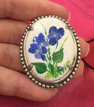Vintage Antique Silver Painted Blue Flower Porcelain Brooch Pin Estate Find Vtg