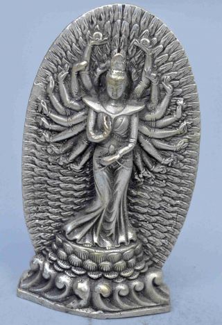 Exorcism Old Collectable Miao Silver Carve Thousand - Hand Kuan - Yin Temple Statue