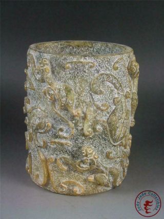 Big Fine Old Chinese Celadon Nephrite Jade Brush Pot Statue Hornless Dragons