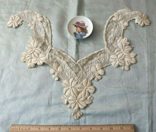 Antique French Hand Embroidered Heavy Cotton On Linen & Lace Floral Dress Insert