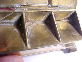 ANTIQUE ARTS & CRAFTS DESK TOP 3 POCKET STAMP BOX BRONZED WITH DESIGN VG, 7