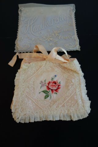 C.  1900 Ladies Pink Silk Boudoir Case W/rose,  Whitework Handkerchief Case