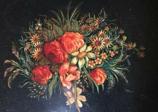 Antique Toleware Metal Serving Tray Very Large 24” Roses Hand Painted Beauty