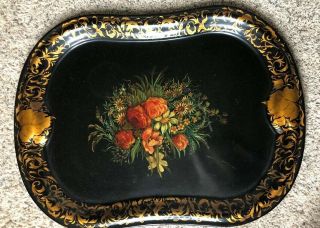 Antique Toleware Metal Serving Tray Very Large 24” Roses Hand Painted Beauty 2