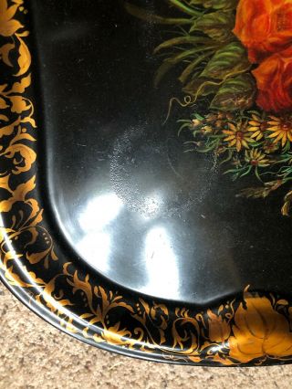 Antique Toleware Metal Serving Tray Very Large 24” Roses Hand Painted Beauty 5