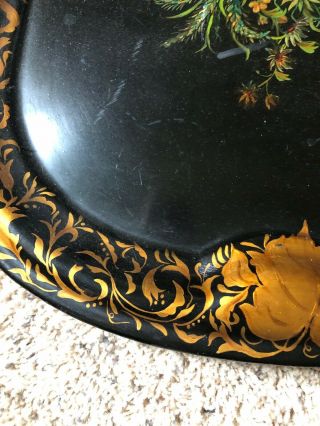 Antique Toleware Metal Serving Tray Very Large 24” Roses Hand Painted Beauty 6