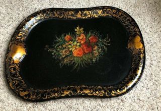 Antique Toleware Metal Serving Tray Very Large 24” Roses Hand Painted Beauty 8