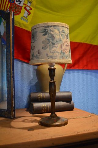 Vintage 1930/40s Hand Painted Carved Wooden Table Lamp With Floral Shade