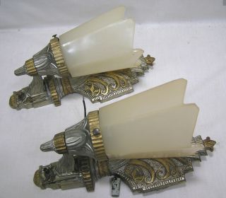 Vtg Pair 1920s Electric Gothic Wall Sconces W Glass Art Deco Shades Rewired