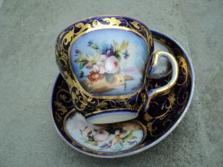 Old Paris Cup And Saucer Hand Painted Flowers Cobalt Blue