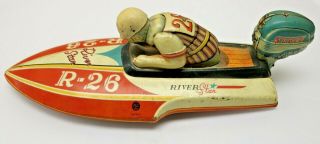River Star R - 26 Tin Boat Metal Toy With Driver & Outboard Motor Yonezawa Japan