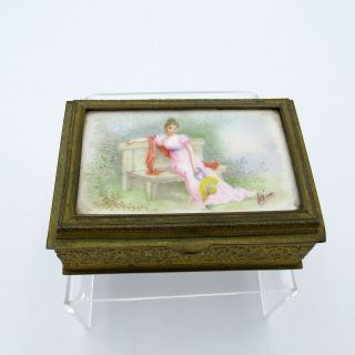 Antique French Bronze Box With Hand Painted Porcelain,  Artist Signed