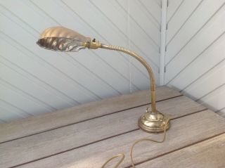 Vintage Brass Gooseneck Desk Lamp Clam Shell Shade 25 " Tall - 4m Cable
